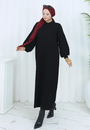 Tatula Oversize Yarasa Kol Triko Elbise Bisiklet Yaka Siyah