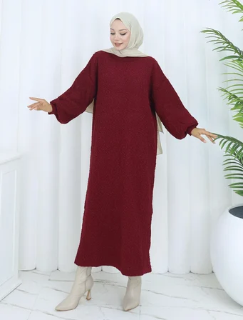 Tatula Bisiklet Yaka Uzun Triko Elbise Bordo Oversize Yarasa Kol