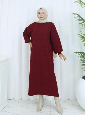 Tatula Bisiklet Yaka Uzun Triko Elbise Bordo Oversize Yarasa Kol