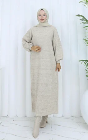 Tatula Oversize Yarasa Kol Triko Günlük Elbise Bej Uzun Kesim