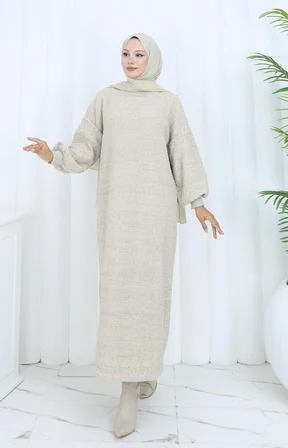 Tatula Oversize Yarasa Kol Triko Günlük Elbise Bej Uzun Kesim