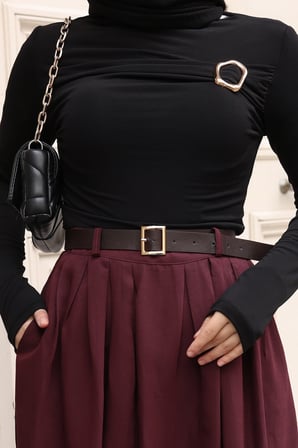 Tatula Kemerli Pileli Etek Bordo Pamuklu Gabardin 44 Beden