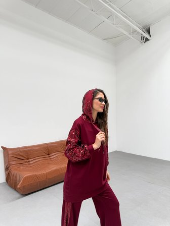 Tatula Pul Payet Detaylı Kapüşonlu Bordo Kadın Takım Esnek Modal Kumaş