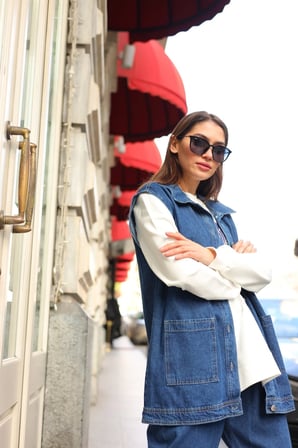 Tatula Denim Yelekli Sweatshirt ve Pantolon 3'lü Tesettür Takım Lacivert