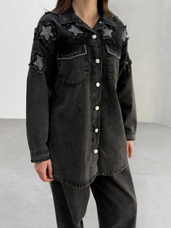 Tatula Taş Detaylı Denim İkili Takım Siyah Oversize Kot Gömlek ve Pantolon