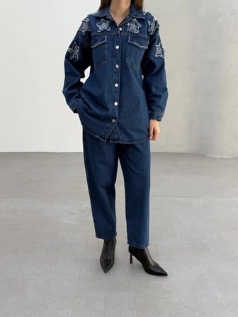 Tatula Taş Detaylı Denim Gömlek ve Pantolon Kadın İkili Takım Mavi