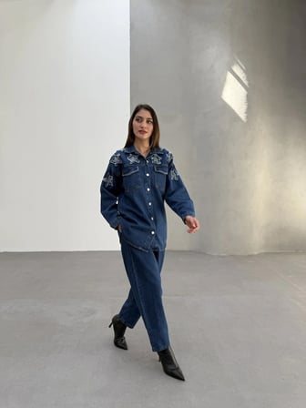 Tatula Yıldız ve Taş Detaylı Oversize Mavi Denim Kadın Alt Üst Takım