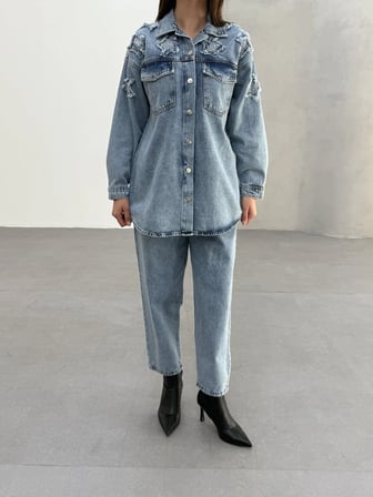 Tatula Taş Detaylı Denim Gömlek ve Pantolon İkili Takım Açık Mavi