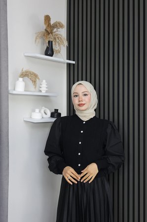 Tatula Bisiklet Yaka Balon Kol Triko Bluz Siyah