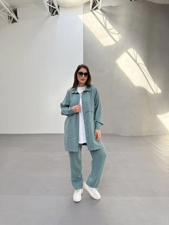 Uzun Gömlek Üst, Basic İçlik ve Rahat Pantolon Üçlü Takım