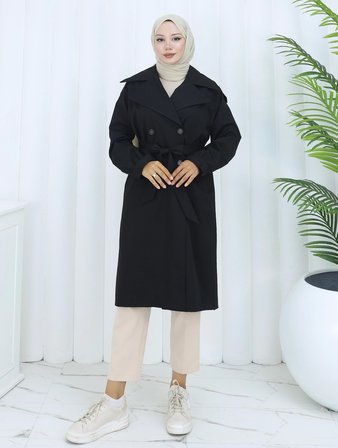 Tatula Siyah Gabardin Kumaş Çift Düğmeli Kuşaklı Kadın Trençkot Standart Beden