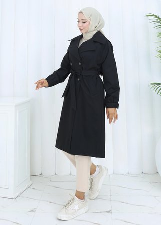Tatula Siyah Gabardin Kumaş Çift Düğmeli Kuşaklı Kadın Trençkot Standart Beden