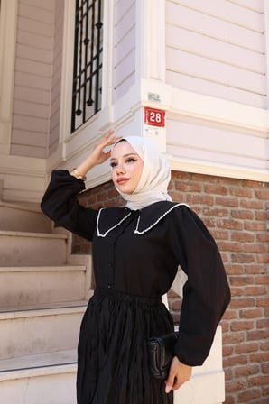 Tatula İnci İşlemeli Yaka Detaylı Siyah Pamuklu Poplin Kadın Gömlek M Beden