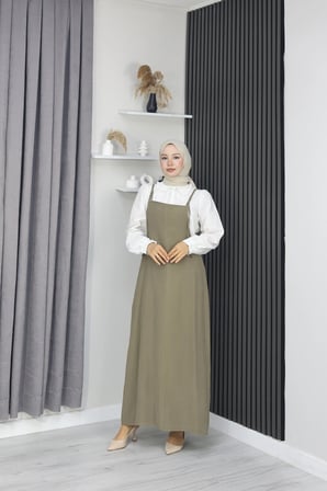 Tatula İp Askılı Gabardin Jile Elbise Haki M Beden
