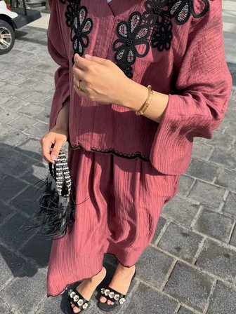 Tatula Bordo Pamuklu Keten İşleme Detaylı Etekli İkili Takım
