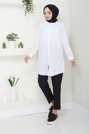 Tatula Klasik Gizli Düğmeli Boyfriend Gömlek Beyaz Pamuklu