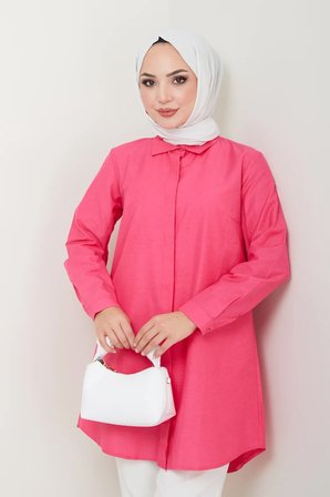 Tatula Gizli Düğmeli Kadın Gömlek Fuşya Pamuk Terikoton Uzun Kol 42 Beden