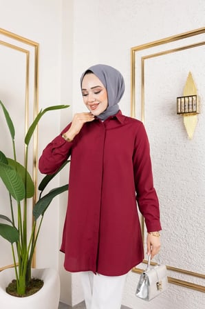 Tatula Boyfriend Gömlek Bordo Gizli Düğmeli Pamuklu Uzun Kol Normal Kalıp