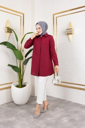 Tatula Boyfriend Gömlek Bordo Gizli Düğmeli Pamuklu Uzun Kol Normal Kalıp