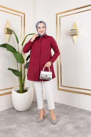 Tatula Gizli Düğmeli Boyfriend Gömlek Bordo Pamuk Terikoton Normal Kalıp Uzun Kol