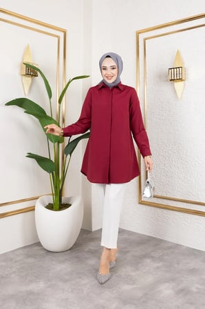Tatula Klasik Gizli Düğmeli Boyfriend Gömlek Bordo Pamuk Terikoton Uzun Kol 44 Beden