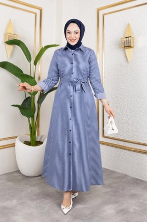 Tatula Gömlek Yaka Çizgili Saten Tesettür Elbise Mavi 140 cm