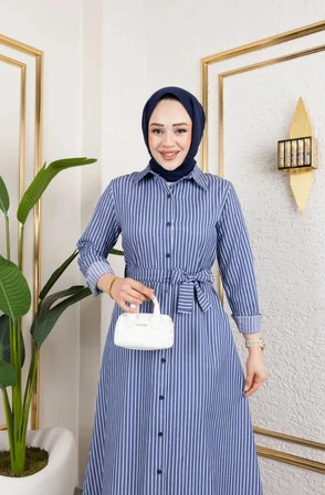 Tatula Gömlek Yaka Çizgili Saten Tesettür Elbise Mavi 140 cm