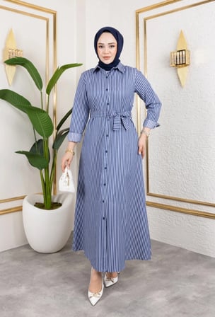 Tatula Gömlek Yaka Çizgili Saten Tesettür Elbise Mavi 140 cm