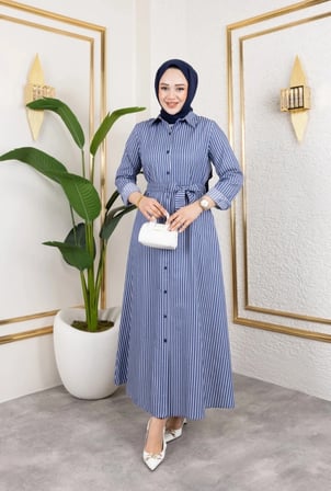 Tatula Gömlek Yaka Çizgili Saten Tesettür Elbise Mavi 140 cm