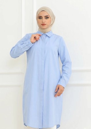 Tatula Gömlek Yaka Pamuk Terikoton Uzun Tunik Bebe Mavi 42 Beden