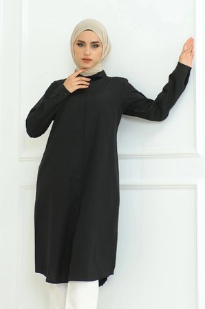Tatula Gizli Düğmeli Siyah Gömlek Yaka Pamuk Terikoton Tunik