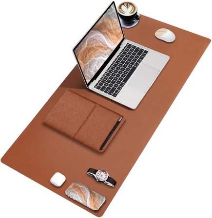 PU Deri Mouse Pad Dikişli Kenar Dayanıklı Büyük Boy Çift Yönlü Kullanım Ofis Masa Matı Sümen(KAHVERENGİ, 90X40 XL)