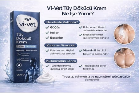 Vi-Vet Erkek Tüy Dökücü Krem, Tüm Ciltler için, Vitamin E İçerikli, Kalın ve Sert Tüylerde Etkili, 125 ml