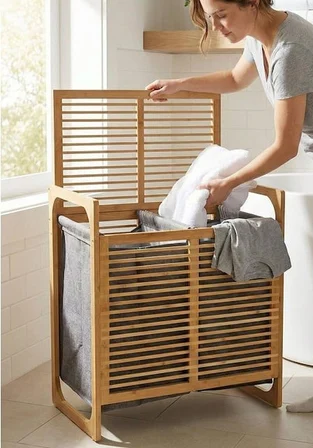 Doğal Bambu Çamaşır Sepeti 70 Litre 2 Gözlü Kirli Çamaşır Sepeti Modern Tasarım