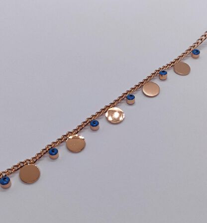 Rose Gold Renk Nazar Boncuklu ve Metal Plaka Detaylı Halhal