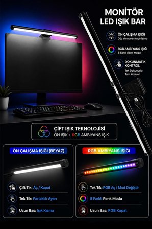 Dokunmatik Monitör Üstü LED Aydınlatma – RGB Ambiyans &amp; 3 Renk Işık Ayarlanabilir