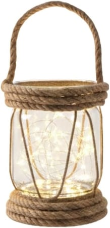 DYRIS Rustik Halatlı Cam Fener, Pilli LED Işıklı Dekoratif Kavanoz Lamba, Bahçe ve Balkon Aydınlatması, 20x10 cm