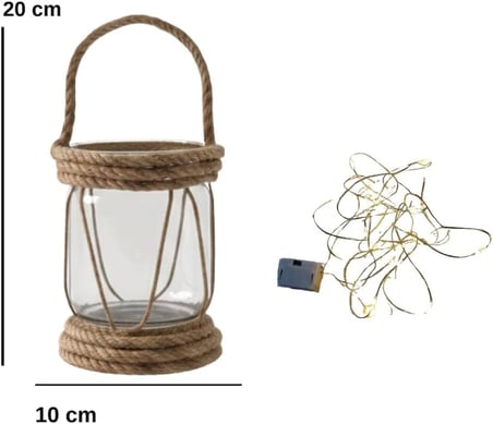 DYRIS Rustik Halatlı Cam Fener, Pilli LED Işıklı Dekoratif Kavanoz Lamba, Bahçe ve Balkon Aydınlatması, 20x10 cm