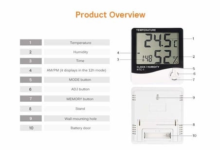 DS Enterprise | (HTC-1) Oda Termometresi, Nem Kuluçka Ölçer ve Doğru Sıcaklık Göstergeli Duvara Montaj LED Dijital Alarm Saat Monitörü İç Mekan/Dış Mekan (HTC-1) / (004)