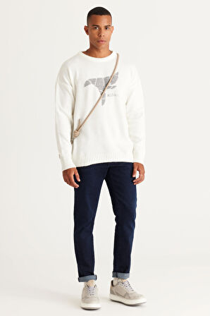 Erkek Ekru Oversize Bol Kesim Bisiklet Yaka Desenli Triko Kazak