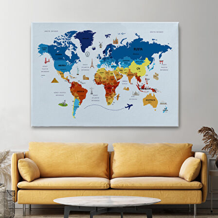 Harita Sepeti Türkçe Dünya Haritası Kanvas Tablo Ülke Başkentli ve Ünlü Yerler Sembollü 2640