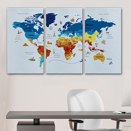 Harita Sepeti Türkçe Dünya Haritası Kanvas Tablo Ülke Başkentli ve Ünlü Yerler Sembollü 2640