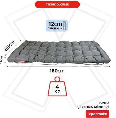 Şezlong Minderi 180x60x12 cm Su İtici UV Dayanımlı Plaj Minderi Punto (Antrasit)