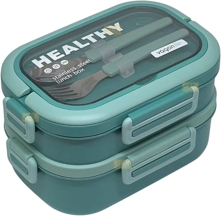 Bento 1650ml Lunchbox 2 Katlı 3 Bölmeli Paslanmaz Çelik Sefer Tası Yemek Kutusu (Yeşil)