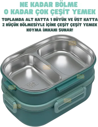 Bento 1650ml Lunchbox 2 Katlı 3 Bölmeli Paslanmaz Çelik Sefer Tası Yemek Kutusu (Yeşil)