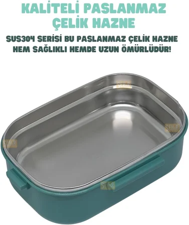 Bento 1650ml Lunchbox 2 Katlı 3 Bölmeli Paslanmaz Çelik Sefer Tası Yemek Kutusu (Yeşil)