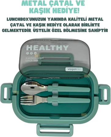 Bento 1650ml Lunchbox 2 Katlı 3 Bölmeli Paslanmaz Çelik Sefer Tası Yemek Kutusu (Yeşil)