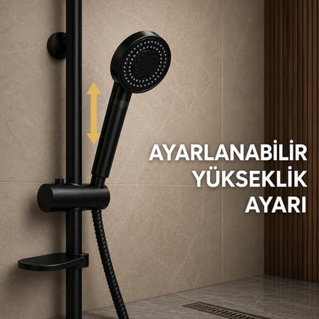 Premium Mat Siyah Sürgülü Duş Seti, Ayarlanabilir Duş Rayı, El Duş Başlığı, 150 cm Spiral Duş Hortumu, Banyo Duş Sistemi, Duş Kabini Aksesuarı, Modern Banyo Armatür Seti, Kolay Montaj