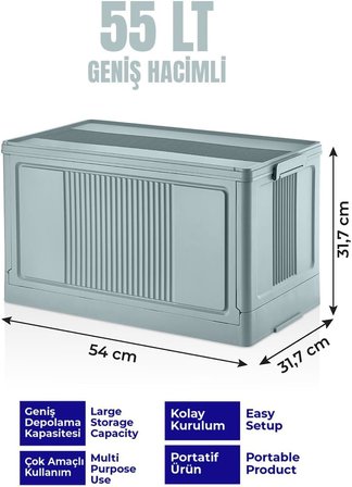 Dev Boy Katlanır Kilit Kapaklı Kasa 55 Litre Hacimli, Yer Kaplamayan Portatif Saklama Kutusu Ardiye, Balkon, Mutfak, Kiler, Bahçe ve Araç Bagajı İçin Güvenli Organizer (MAVİ)