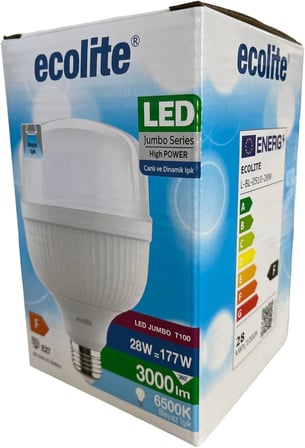 Ecolite 28W Jumbo LED Ampul (177W Eşdeğer) | 6500K Beyaz Işık | 3000 Lümen | E27 Duylu | Enerji Tasarruflu ve Uzun Ömürlü